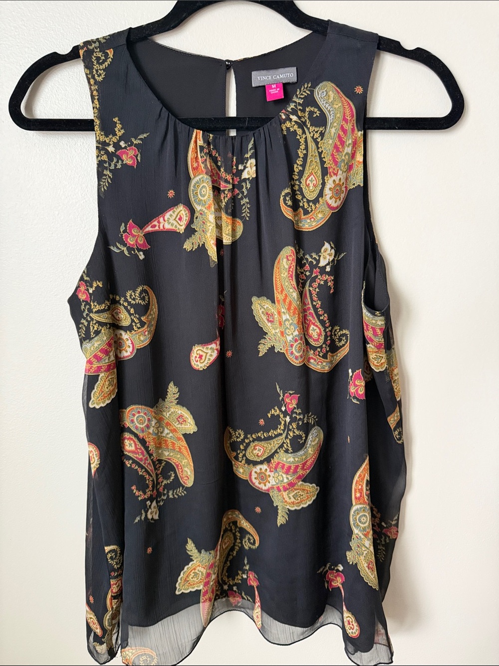 Vince Camuto Black Paisley Tank with Gold and Pink Motifs